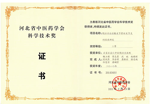 河北中医药学会科学技术奖证书-三等