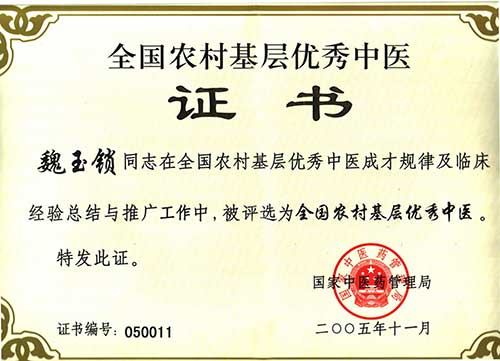 2005年11月 国家中医药管理局  全国农村基层优秀中医