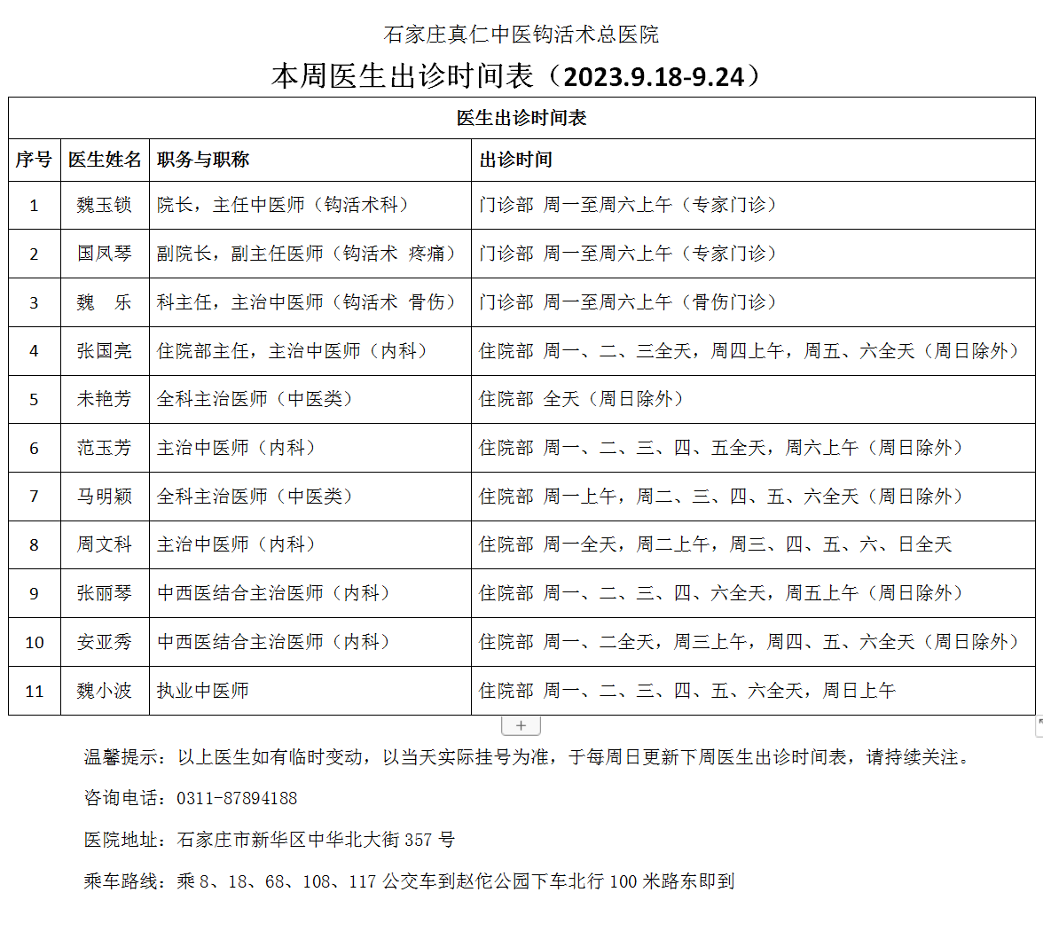 本周医生出诊时间表（2023.9.18-9.24）