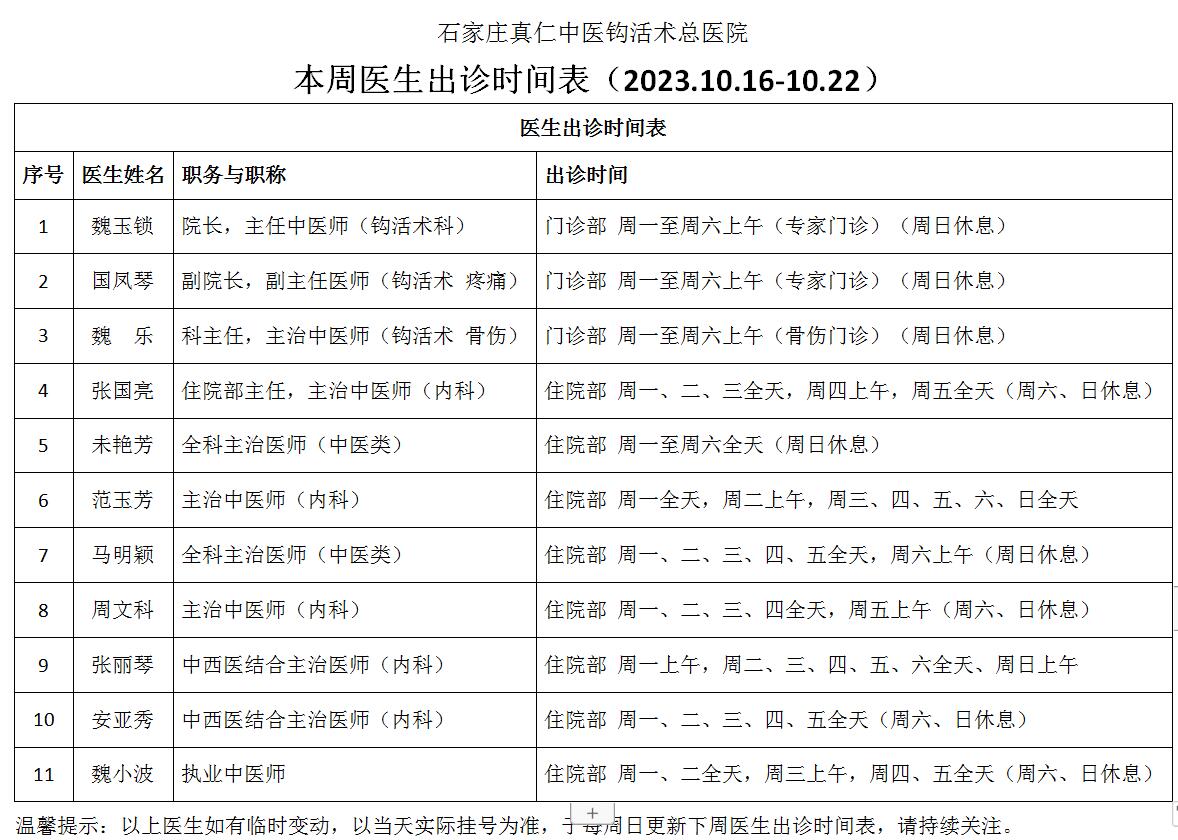 本周医生出诊时间表（2023.