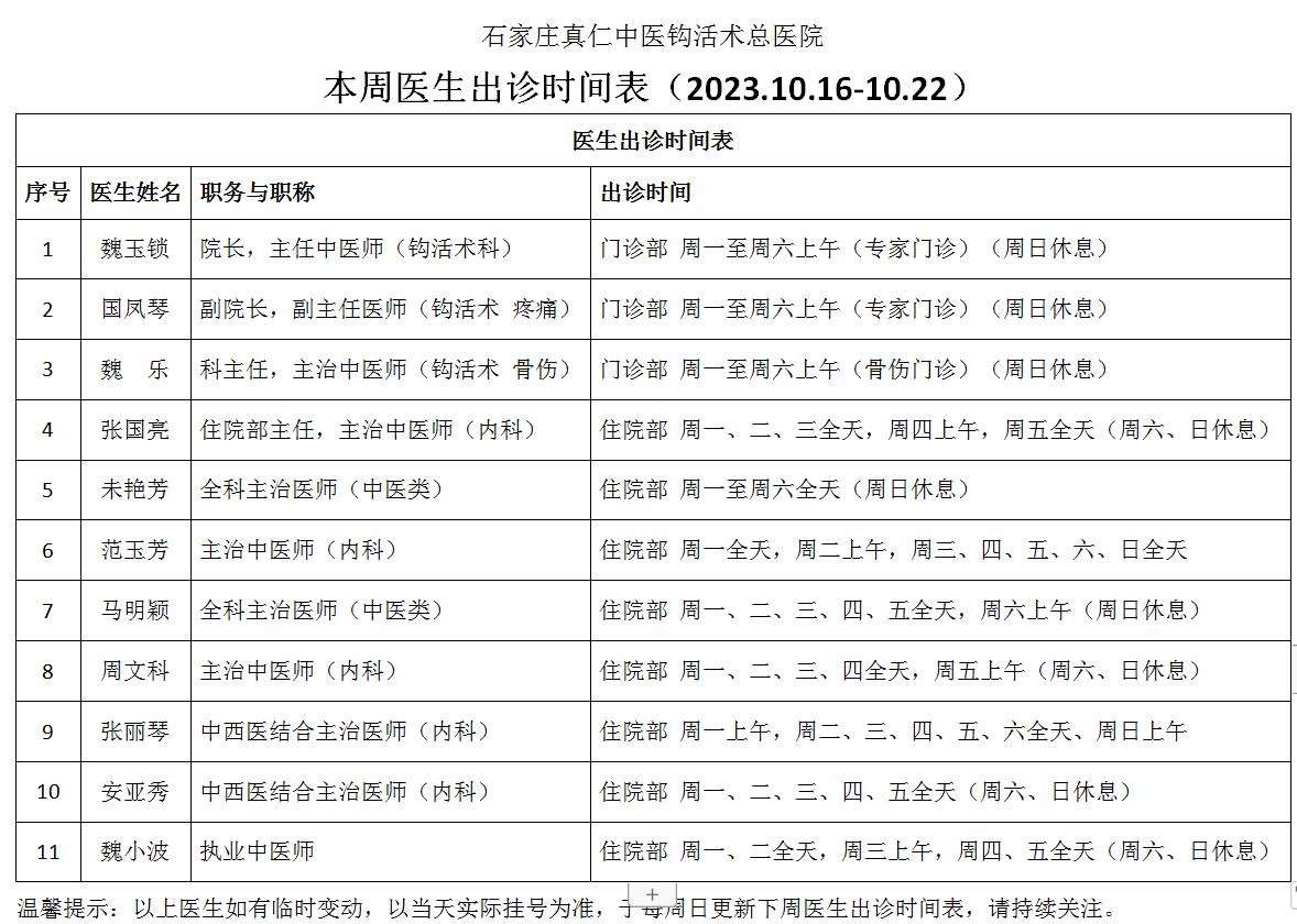 本周医生出诊时间表（2023.10.16-10.22）