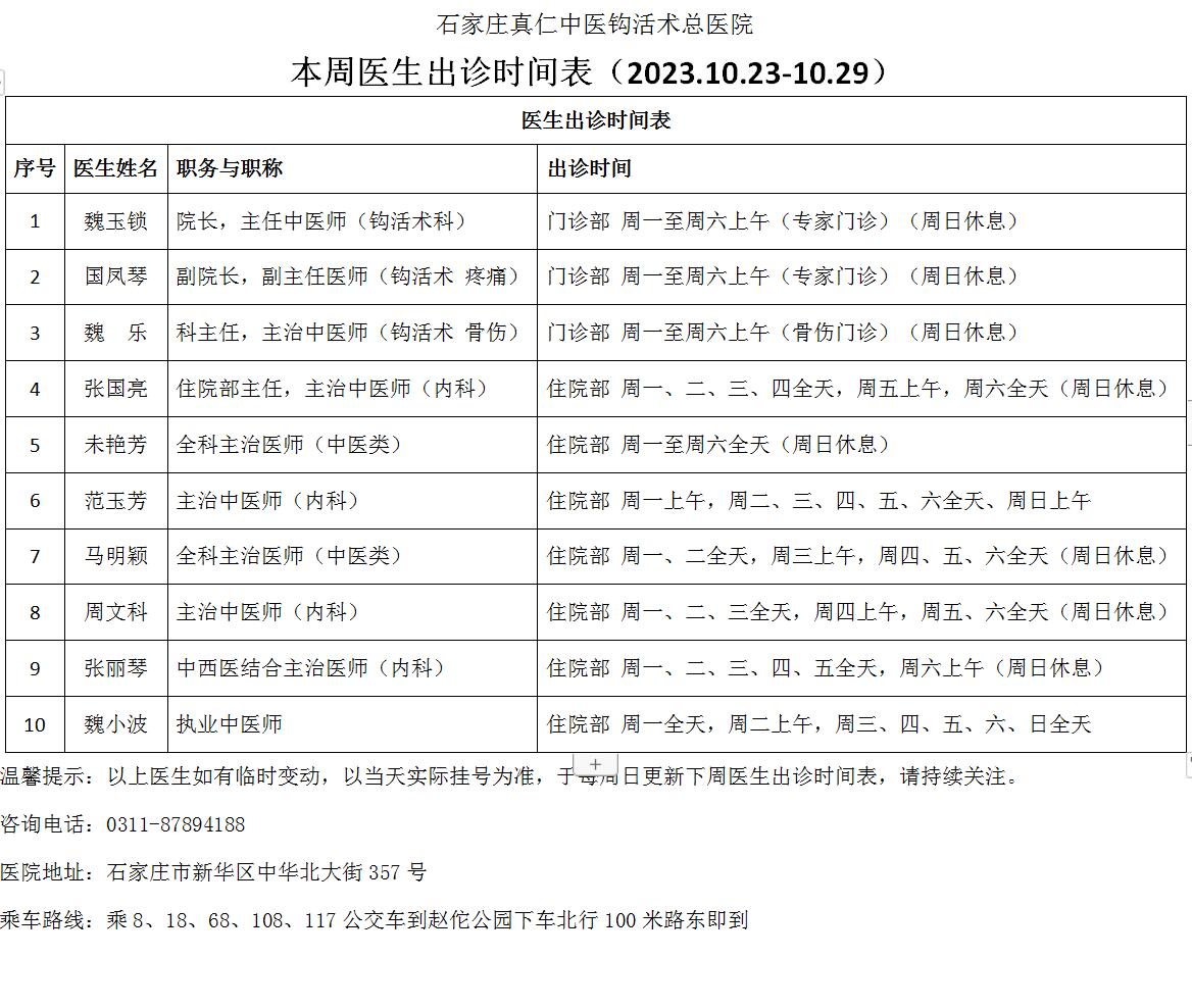 本周医生出诊时间表（2023.