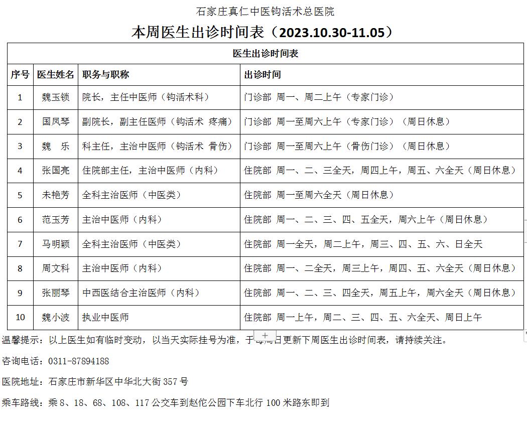 本周医生出诊时间表（2023.