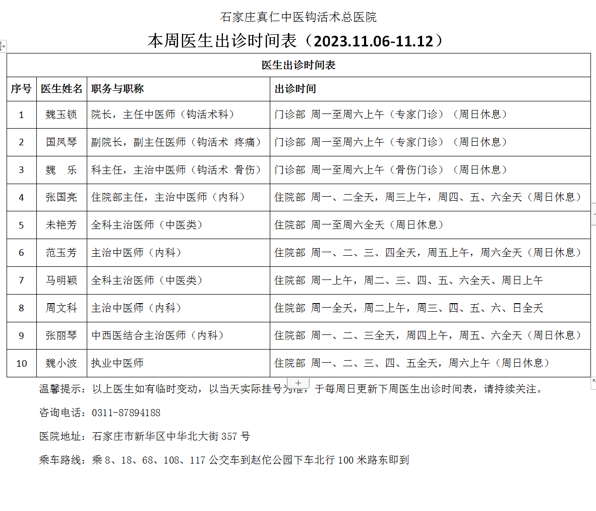 本周医生出诊时间表（2023.
