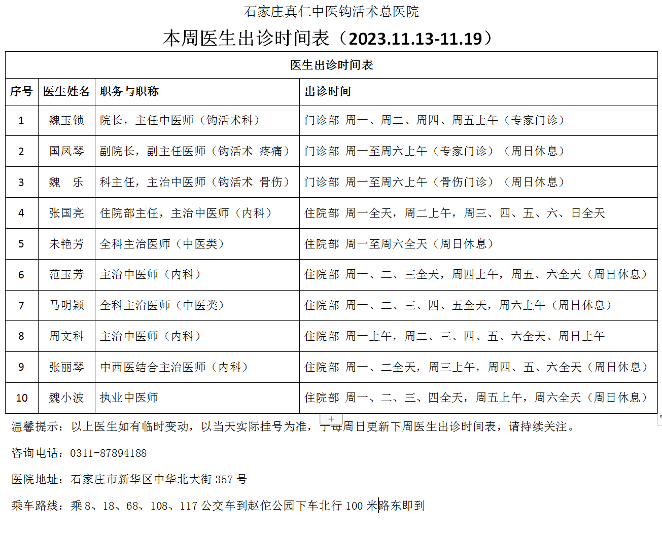 本周医生出诊时间表（2023.