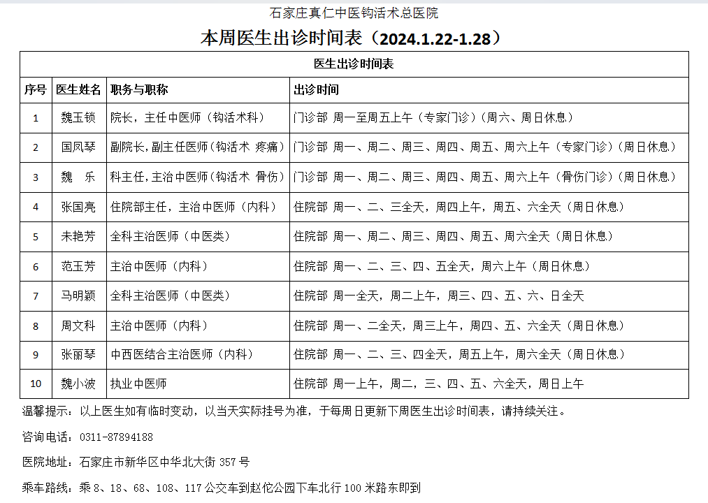 出诊时间表（2024.1.22-1.28）