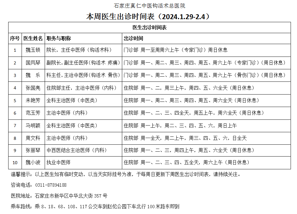 出诊时间表（2024.1.29-2.4）