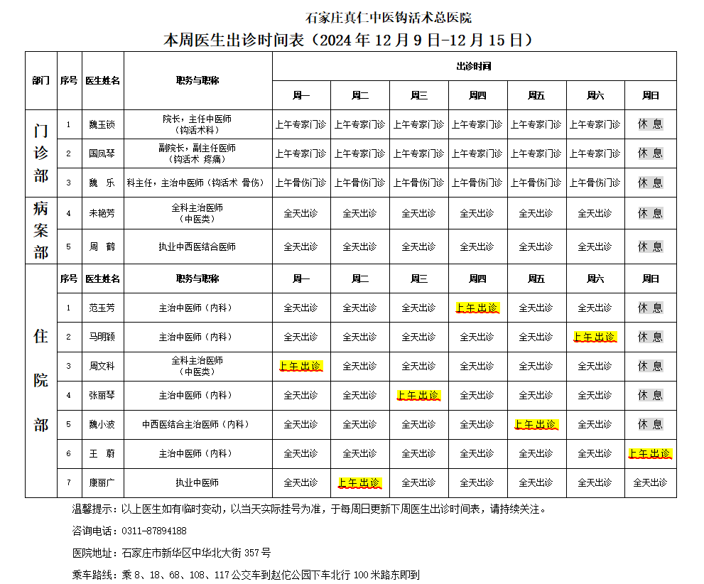出诊时间表(2024.12.9-12.15)