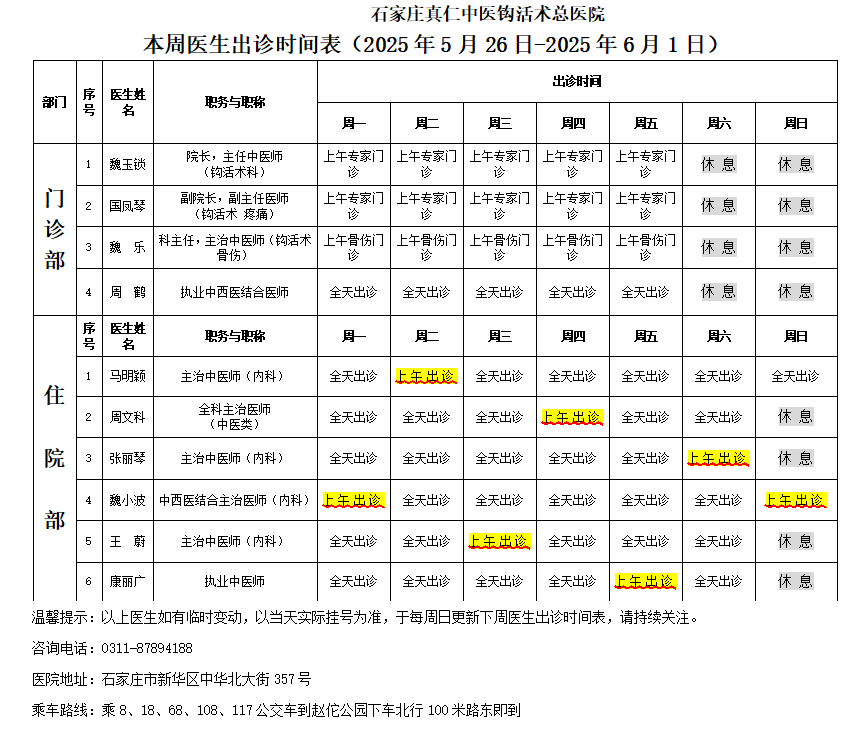 出诊时间表（2025.5.26