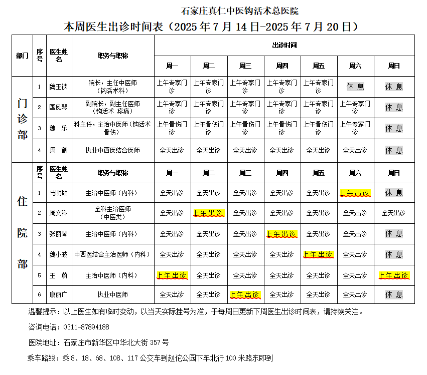 出诊时间表（2025.7.14