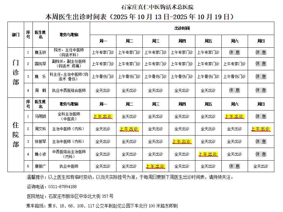 出诊时间表（2025.10.1
